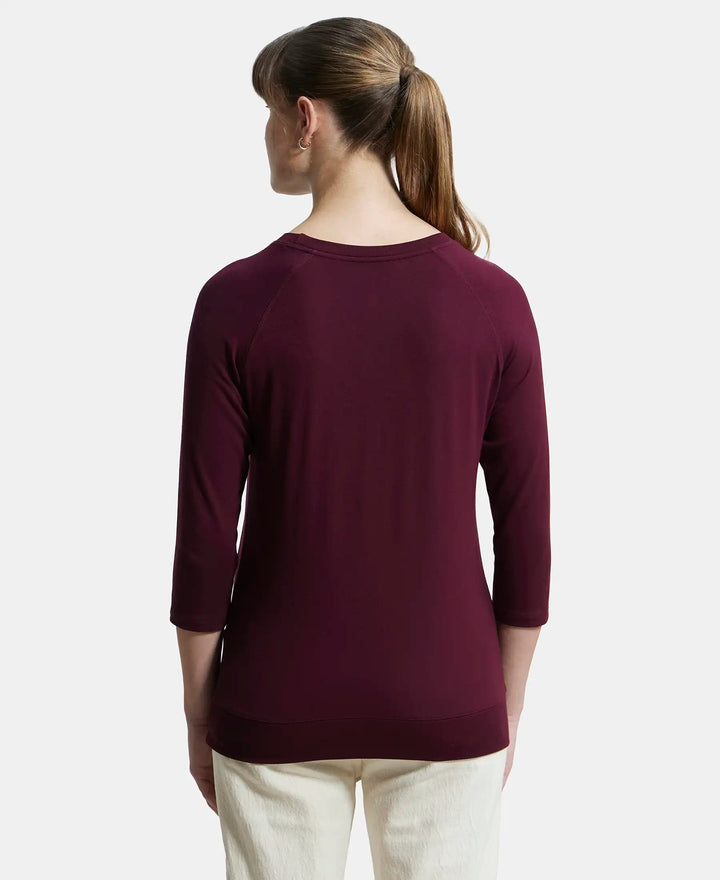 Super Combed Cotton Viscose Elastane Regular Fit Solid Round Neck Three Quarter Sleeve T-Shirt - Wine Tasting-3