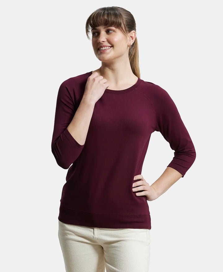 Super Combed Cotton Viscose Elastane Regular Fit Solid Round Neck Three Quarter Sleeve T-Shirt - Wine Tasting-5