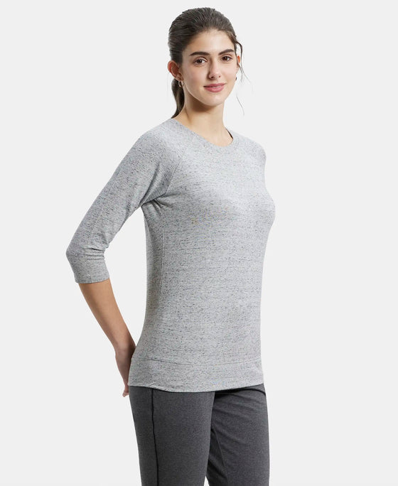 Super Combed Cotton Viscose Elastane Regular Fit Solid Round Neck Three Quarter Sleeve T-Shirt - Grey Snow Melange-2