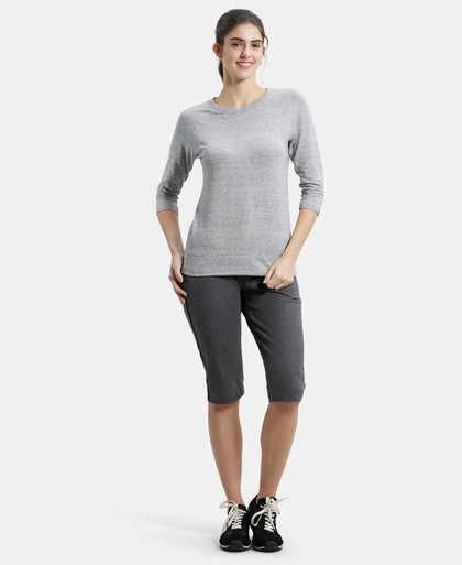 Super Combed Cotton Viscose Elastane Regular Fit Solid Round Neck Three Quarter Sleeve T-Shirt - Grey Snow Melange-4