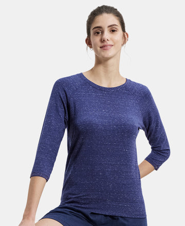 Super Combed Cotton Viscose Elastane Regular Fit Solid Round Neck Three Quarter Sleeve T-Shirt - Imperial Blue Snow Melange-5