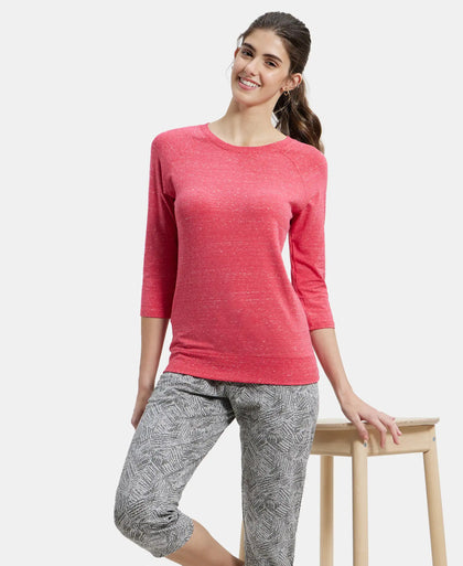 Super Combed Cotton Viscose Elastane Regular Fit Solid Round Neck Three Quarter Sleeve T-Shirt - Ruby Snow Melange-5