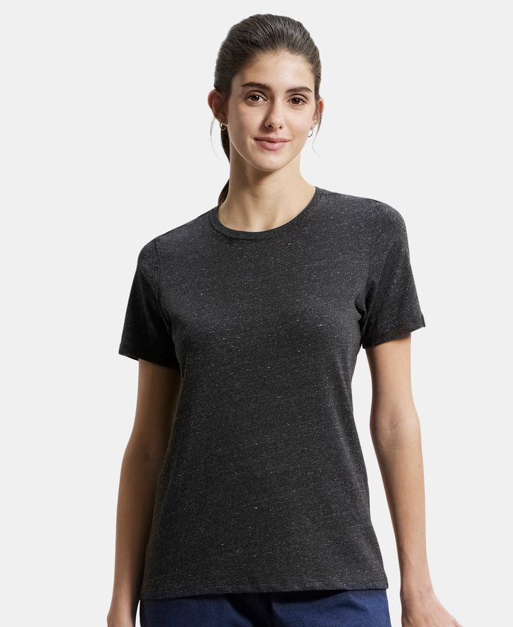 Super Combed Cotton Elastane Stretch Regular Fit Solid Round Neck Half Sleeve T-Shirt - Black Snow Melange-5