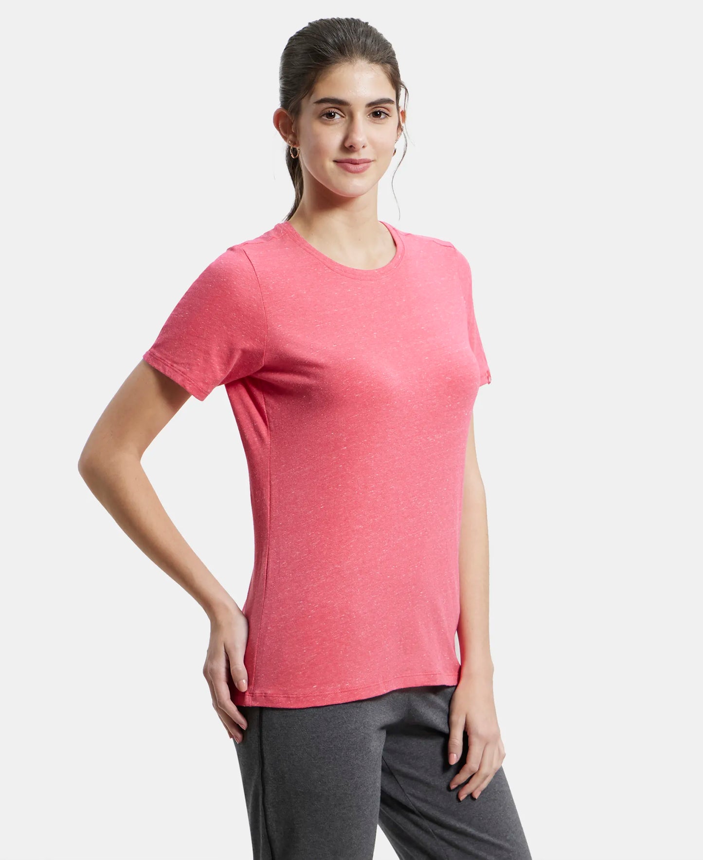 Super Combed Cotton Elastane Stretch Regular Fit Solid Round Neck Half Sleeve T-Shirt - Ruby Snow Melange-2