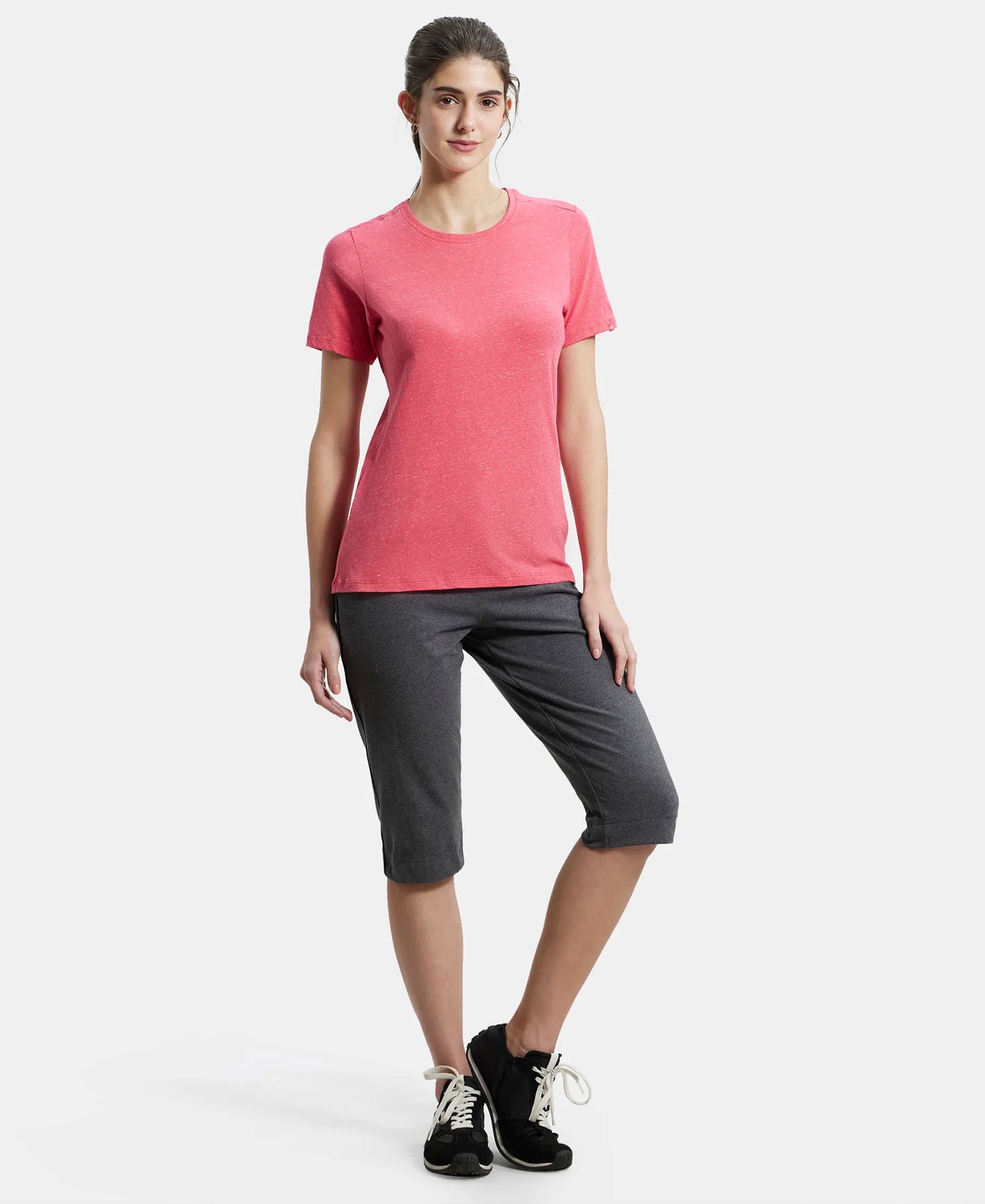 Super Combed Cotton Elastane Stretch Regular Fit Solid Round Neck Half Sleeve T-Shirt - Ruby Snow Melange-4