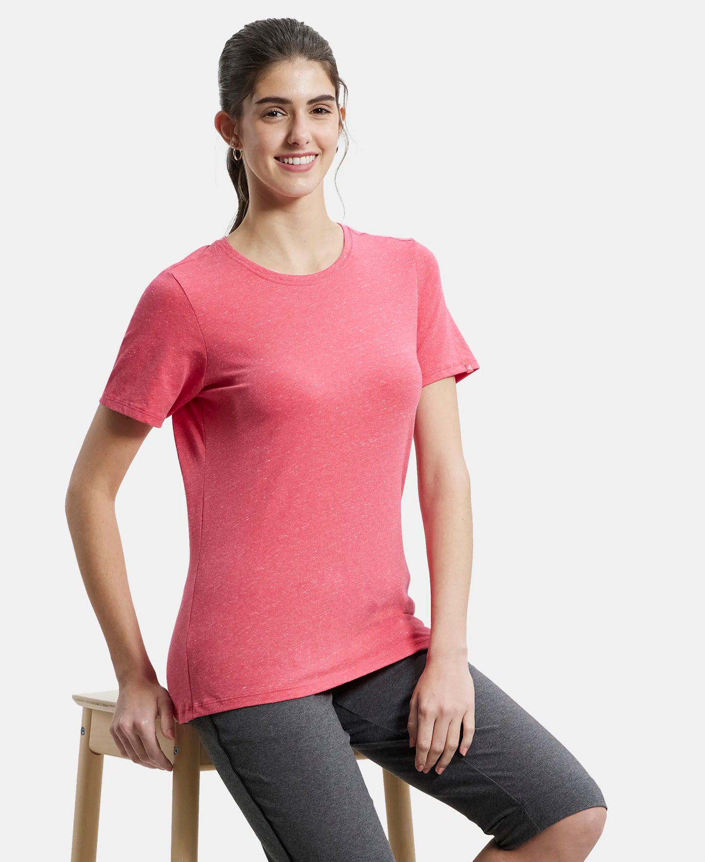 Super Combed Cotton Elastane Stretch Regular Fit Solid Round Neck Half Sleeve T-Shirt - Ruby Snow Melange-5