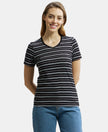 Super Combed Cotton Elastane Stretch Regular Fit Yarn Dyed Striped V Neck Half Sleeve T-Shirt - Black-1