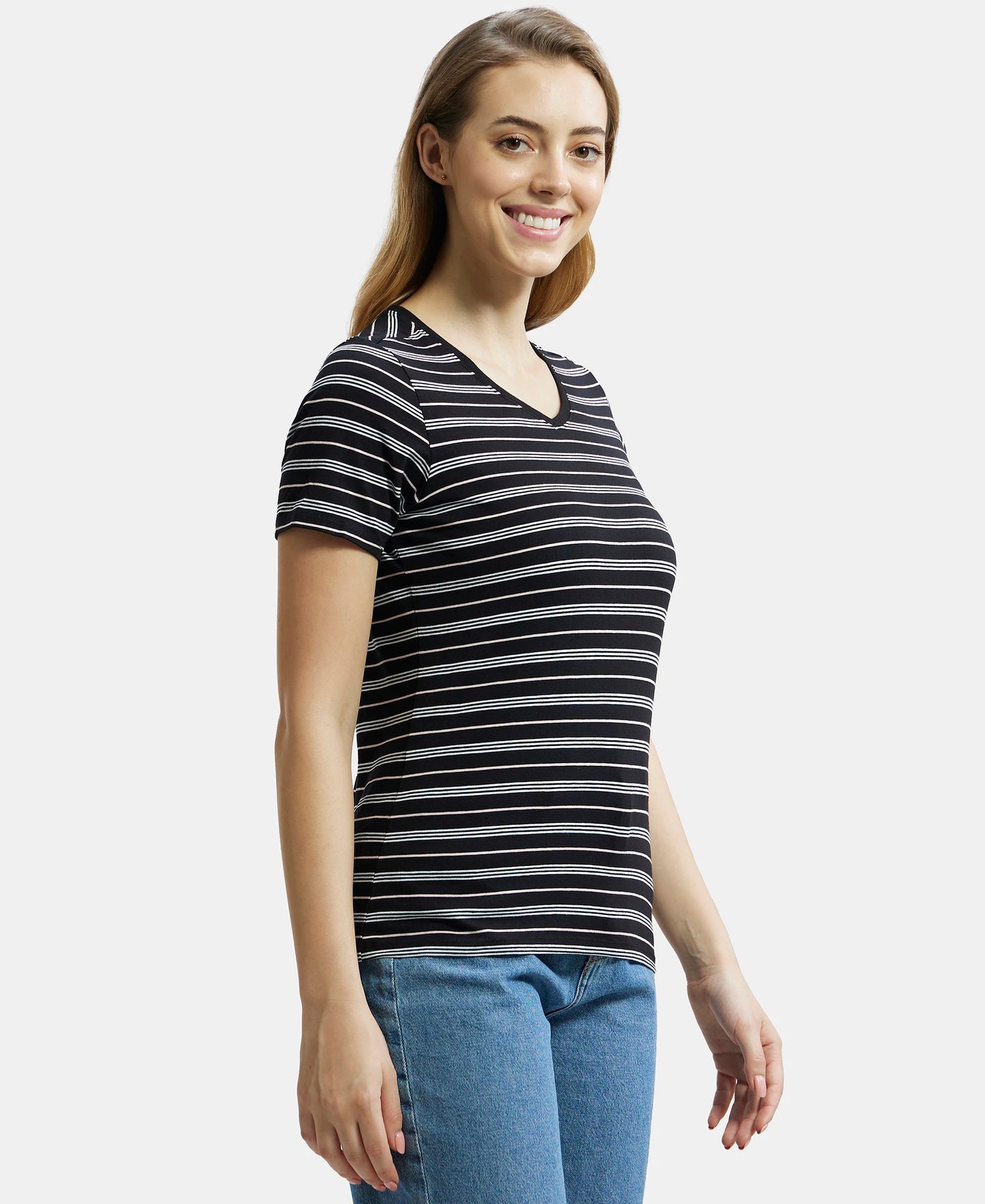 Super Combed Cotton Elastane Stretch Regular Fit Yarn Dyed Striped V Neck Half Sleeve T-Shirt - Black-2
