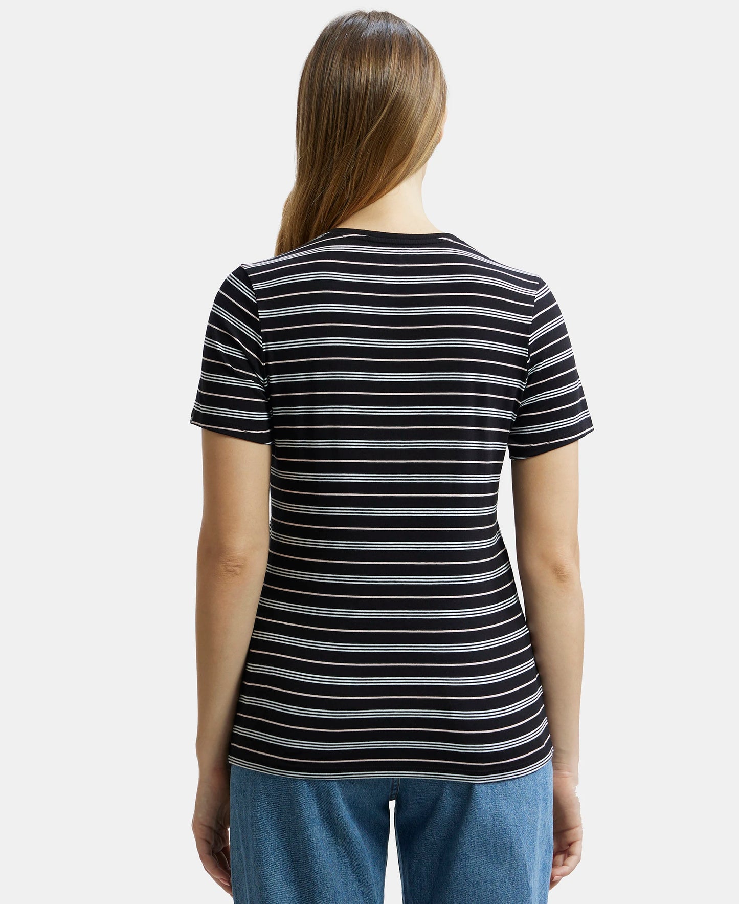 Super Combed Cotton Elastane Stretch Regular Fit Yarn Dyed Striped V Neck Half Sleeve T-Shirt - Black-3