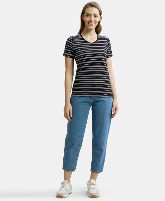 Super Combed Cotton Elastane Stretch Regular Fit Yarn Dyed Striped V Neck Half Sleeve T-Shirt - Black-4