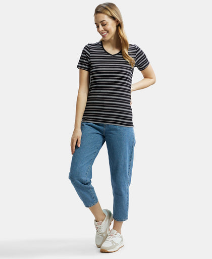 Super Combed Cotton Elastane Stretch Regular Fit Yarn Dyed Striped V Neck Half Sleeve T-Shirt - Black-6