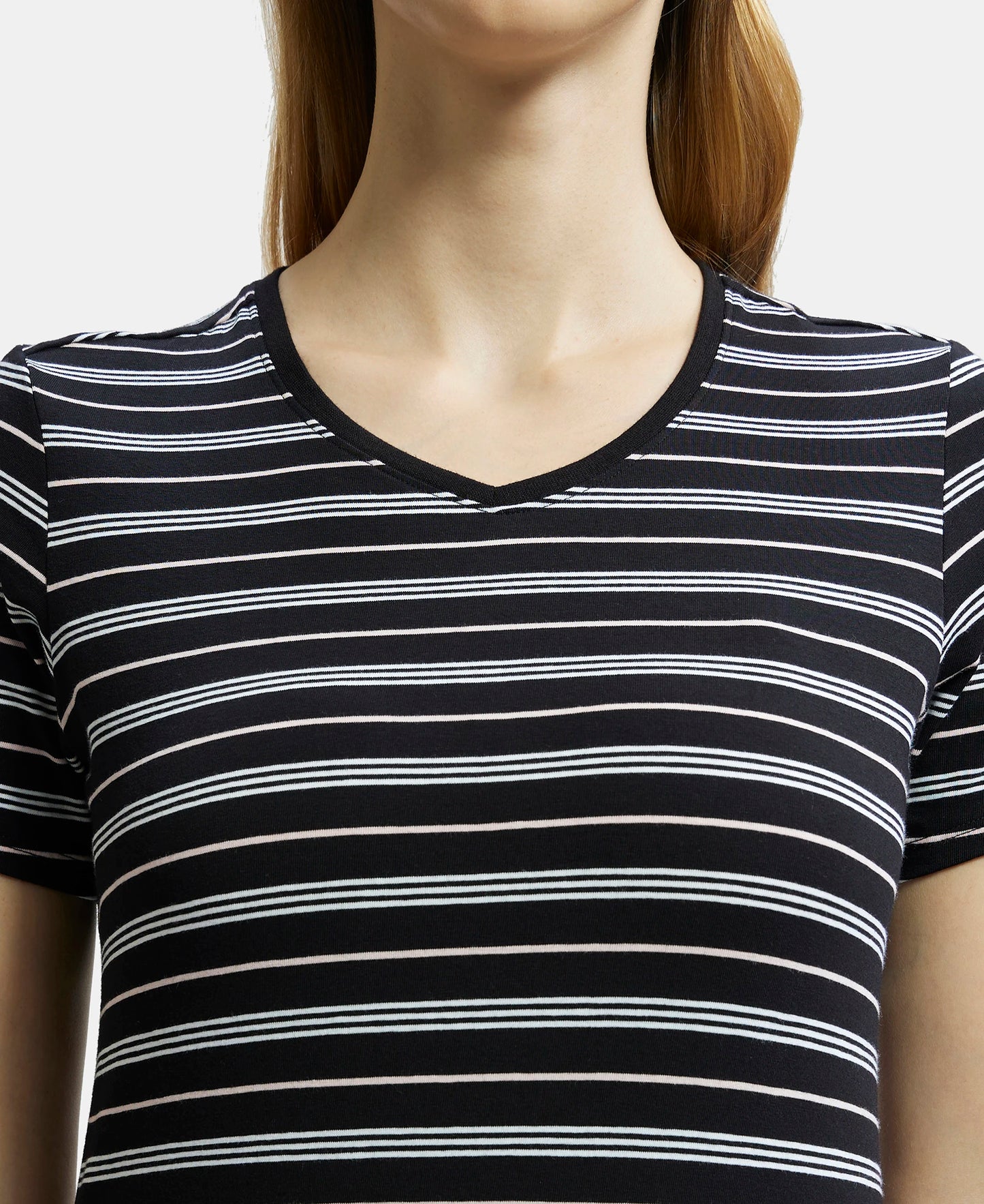 Super Combed Cotton Elastane Stretch Regular Fit Yarn Dyed Striped V Neck Half Sleeve T-Shirt - Black-7