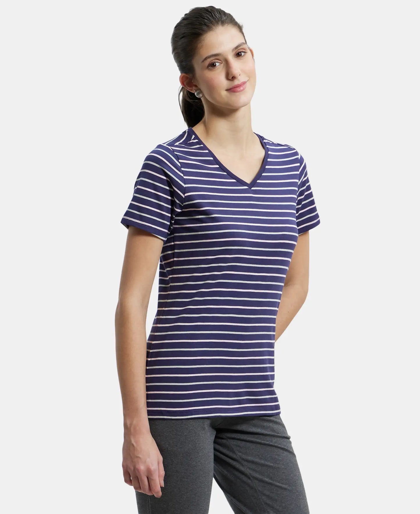 Super Combed Cotton Elastane Stretch Regular Fit Yarn Dyed Striped V Neck Half Sleeve T-Shirt - Classic Navy-2