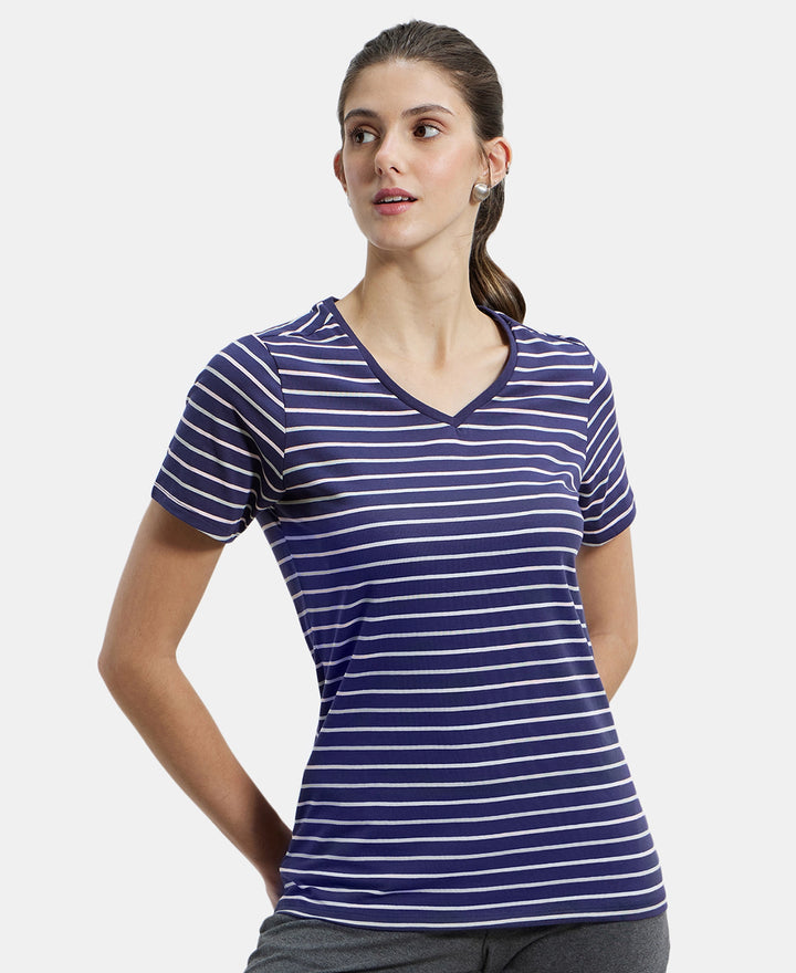 Super Combed Cotton Elastane Stretch Regular Fit Yarn Dyed Striped V Neck Half Sleeve T-Shirt - Classic Navy-5