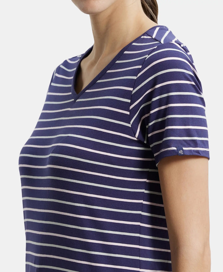 Super Combed Cotton Elastane Stretch Regular Fit Yarn Dyed Striped V Neck Half Sleeve T-Shirt - Classic Navy-6