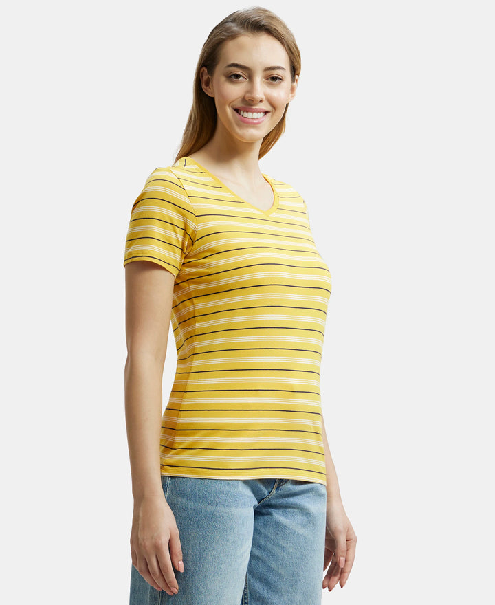 Super Combed Cotton Elastane Stretch Regular Fit Yarn Dyed Striped V Neck Half Sleeve T-Shirt - Golden Rod-2