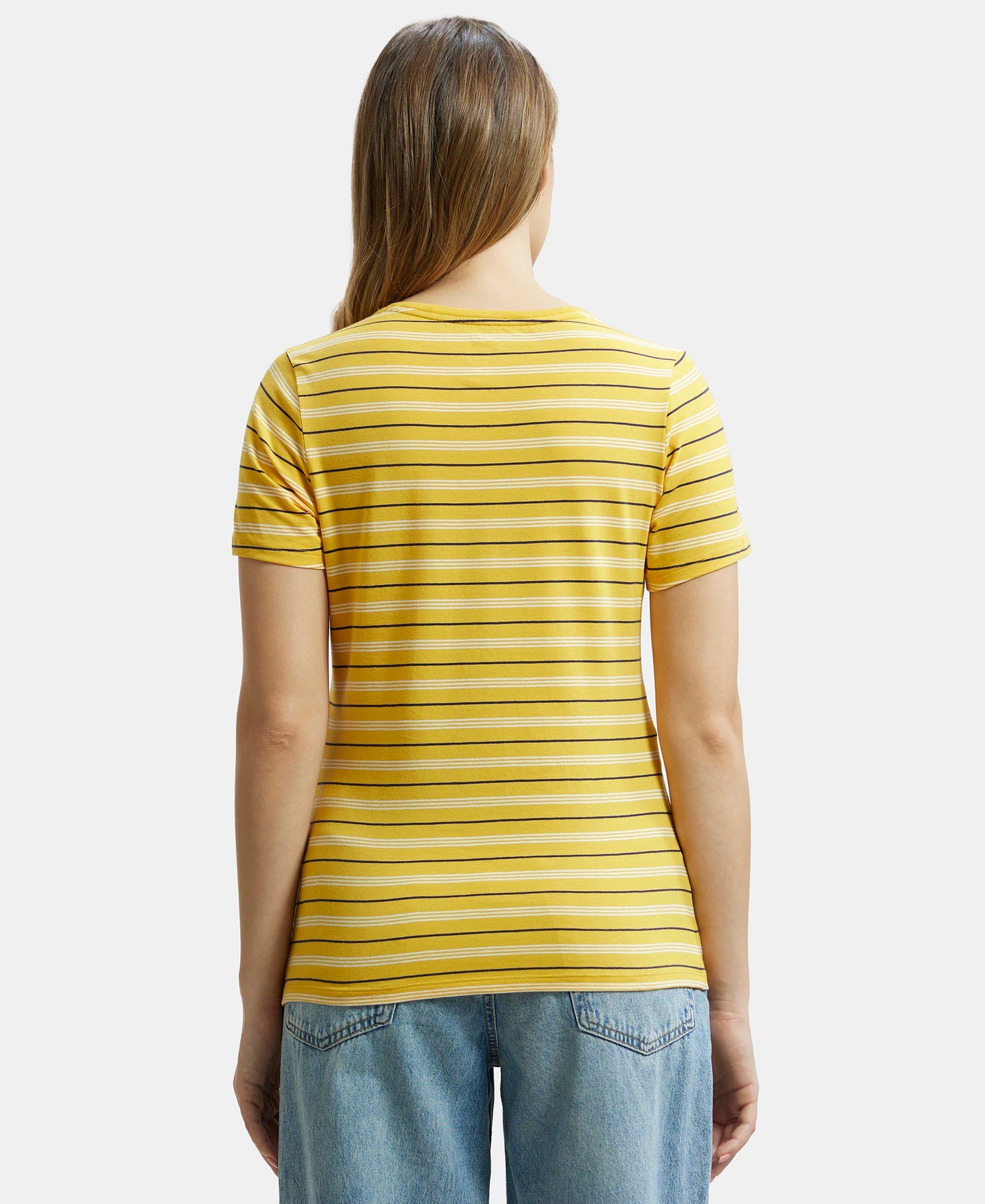 Super Combed Cotton Elastane Stretch Regular Fit Yarn Dyed Striped V Neck Half Sleeve T-Shirt - Golden Rod-3