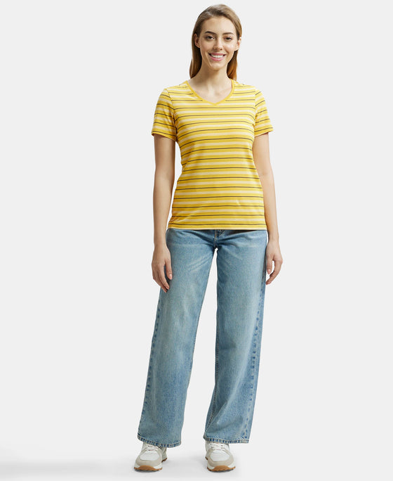 Super Combed Cotton Elastane Stretch Regular Fit Yarn Dyed Striped V Neck Half Sleeve T-Shirt - Golden Rod-4