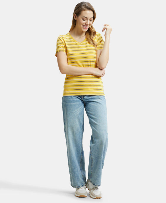 Super Combed Cotton Elastane Stretch Regular Fit Yarn Dyed Striped V Neck Half Sleeve T-Shirt - Golden Rod-6