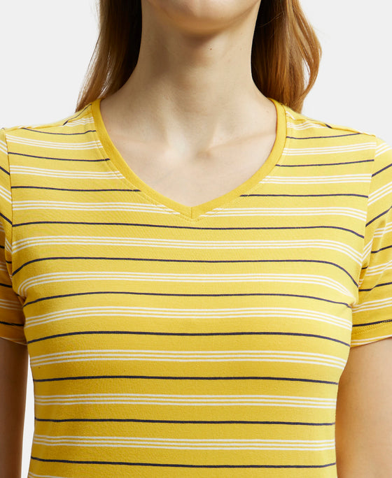 Super Combed Cotton Elastane Stretch Regular Fit Yarn Dyed Striped V Neck Half Sleeve T-Shirt - Golden Rod-7