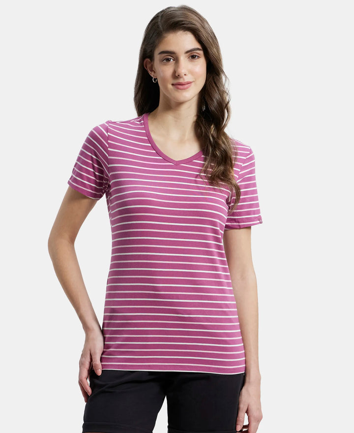 Super Combed Cotton Elastane Stretch Regular Fit Yarn Dyed Striped V Neck Half Sleeve T-Shirt - Mauvewood Purple-1