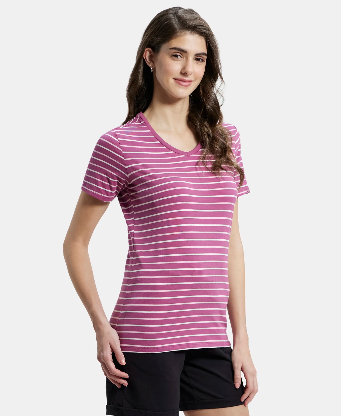 Super Combed Cotton Elastane Stretch Regular Fit Yarn Dyed Striped V Neck Half Sleeve T-Shirt - Mauvewood Purple-2