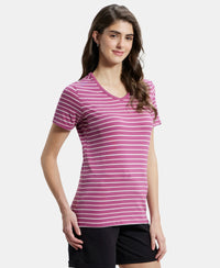 Super Combed Cotton Elastane Stretch Regular Fit Yarn Dyed Striped V Neck Half Sleeve T-Shirt - Mauvewood Purple-2