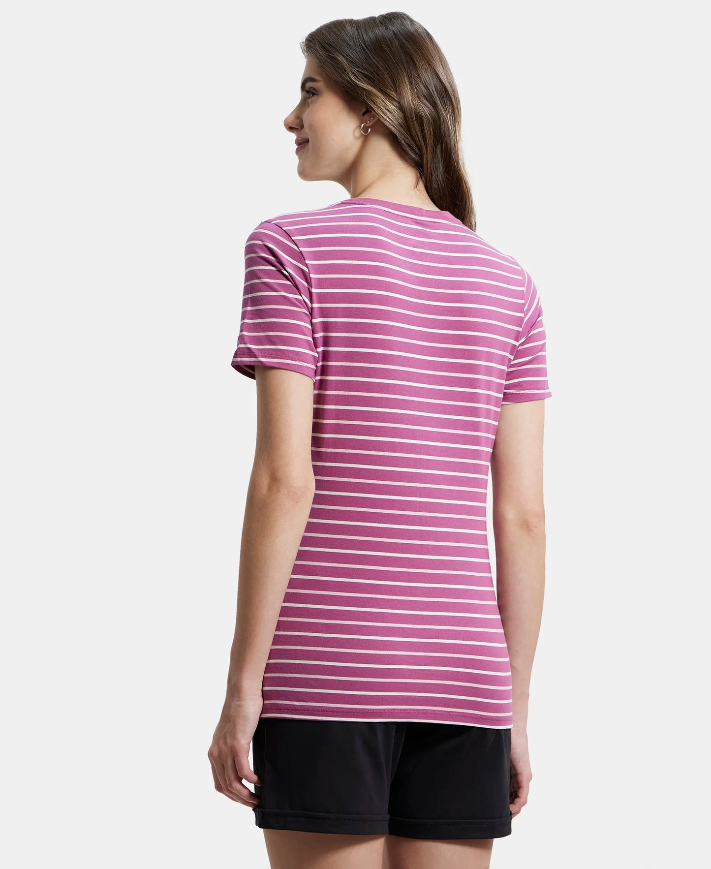 Super Combed Cotton Elastane Stretch Regular Fit Yarn Dyed Striped V Neck Half Sleeve T-Shirt - Mauvewood Purple-3