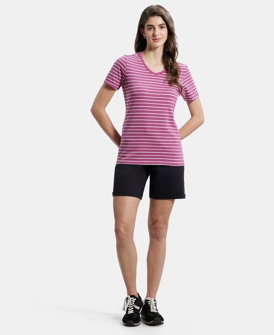 Super Combed Cotton Elastane Stretch Regular Fit Yarn Dyed Striped V Neck Half Sleeve T-Shirt - Mauvewood Purple-4
