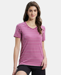 Super Combed Cotton Elastane Stretch Regular Fit Yarn Dyed Striped V Neck Half Sleeve T-Shirt - Mauvewood Purple-5