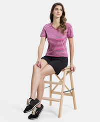 Super Combed Cotton Elastane Stretch Regular Fit Yarn Dyed Striped V Neck Half Sleeve T-Shirt - Mauvewood Purple-6