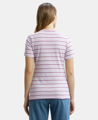 Super Combed Cotton Elastane Stretch Regular Fit Yarn Dyed Striped V Neck Half Sleeve T-Shirt - Orchid Bloom-3