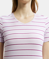 Super Combed Cotton Elastane Stretch Regular Fit Yarn Dyed Striped V Neck Half Sleeve T-Shirt - Orchid Bloom-7