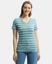 Super Combed Cotton Elastane Stretch Regular Fit Yarn Dyed Striped V Neck Half Sleeve T-Shirt - Old cloud Green-1