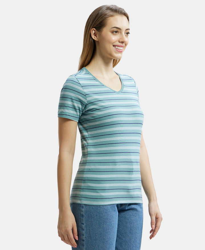 Super Combed Cotton Elastane Stretch Regular Fit Yarn Dyed Striped V Neck Half Sleeve T-Shirt - Old cloud Green-2
