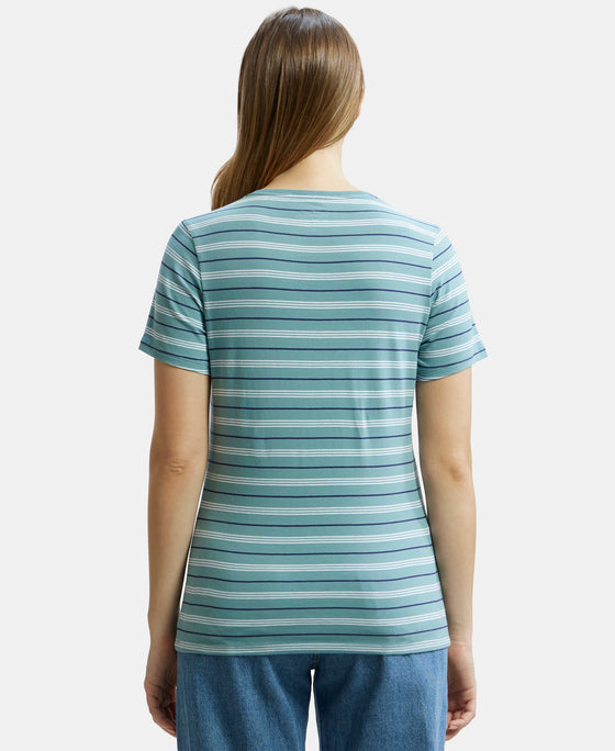 Super Combed Cotton Elastane Stretch Regular Fit Yarn Dyed Striped V Neck Half Sleeve T-Shirt - Old cloud Green-3