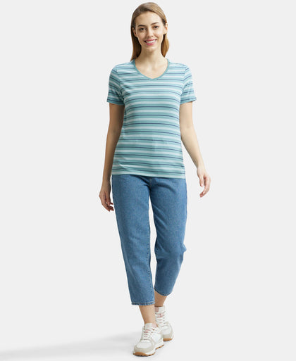 Super Combed Cotton Elastane Stretch Regular Fit Yarn Dyed Striped V Neck Half Sleeve T-Shirt - Old cloud Green-4