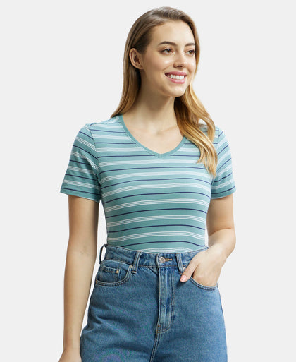 Super Combed Cotton Elastane Stretch Regular Fit Yarn Dyed Striped V Neck Half Sleeve T-Shirt - Old cloud Green-5