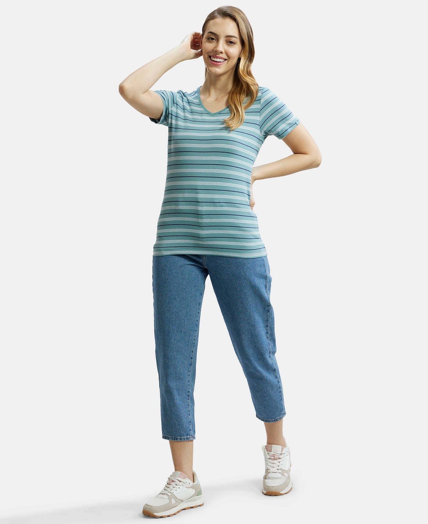 Super Combed Cotton Elastane Stretch Regular Fit Yarn Dyed Striped V Neck Half Sleeve T-Shirt - Old cloud Green-6