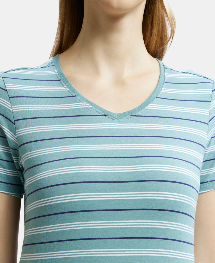 Super Combed Cotton Elastane Stretch Regular Fit Yarn Dyed Striped V Neck Half Sleeve T-Shirt - Old cloud Green-7