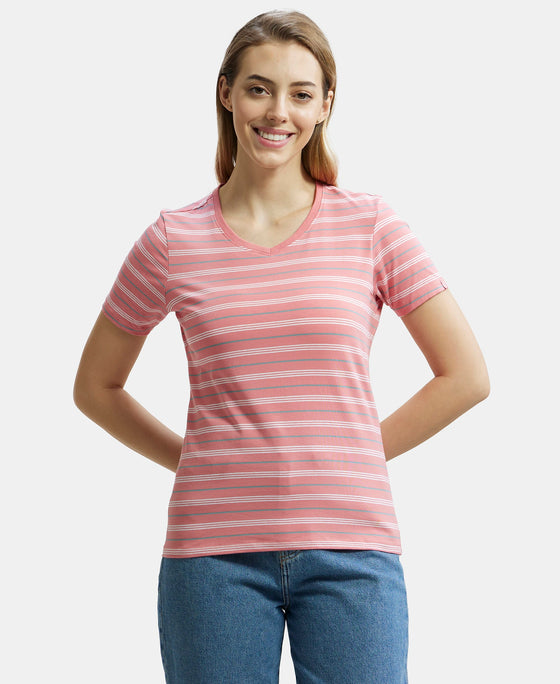 Super Combed Cotton Elastane Stretch Regular Fit Yarn Dyed Striped V Neck Half Sleeve T-Shirt - Peach Blossom-1
