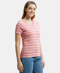 Super Combed Cotton Elastane Stretch Regular Fit Yarn Dyed Striped V Neck Half Sleeve T-Shirt - Peach Blossom-2