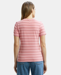 Super Combed Cotton Elastane Stretch Regular Fit Yarn Dyed Striped V Neck Half Sleeve T-Shirt - Peach Blossom-3