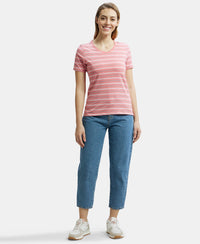Super Combed Cotton Elastane Stretch Regular Fit Yarn Dyed Striped V Neck Half Sleeve T-Shirt - Peach Blossom-4