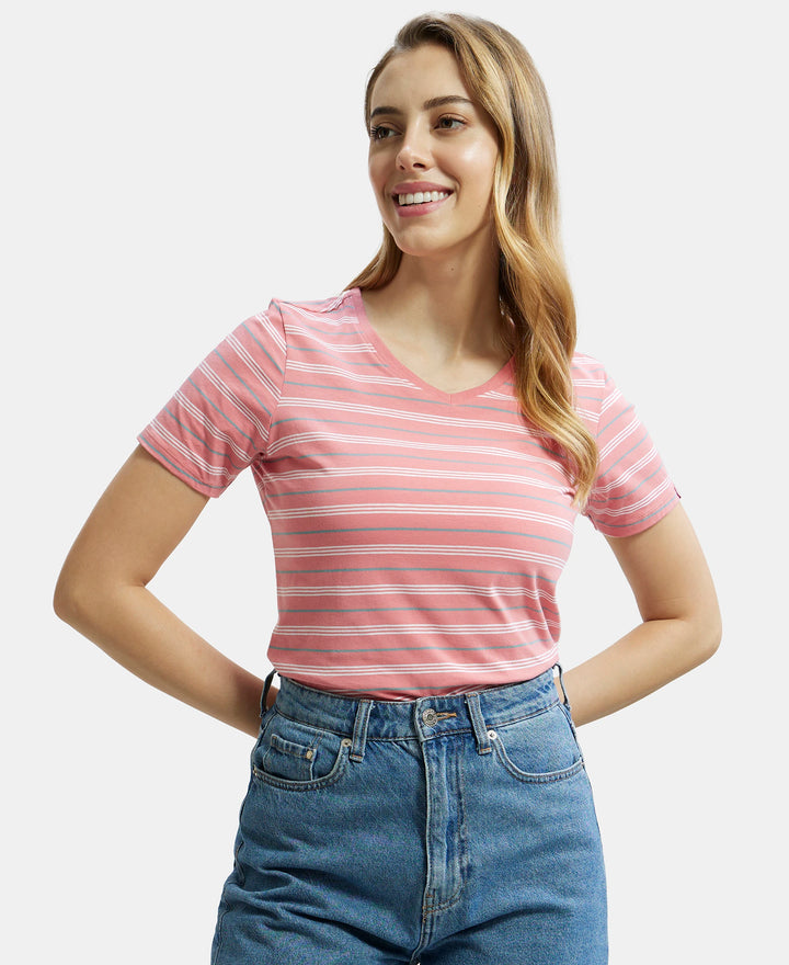Super Combed Cotton Elastane Stretch Regular Fit Yarn Dyed Striped V Neck Half Sleeve T-Shirt - Peach Blossom-5