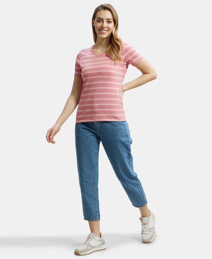 Super Combed Cotton Elastane Stretch Regular Fit Yarn Dyed Striped V Neck Half Sleeve T-Shirt - Peach Blossom-6