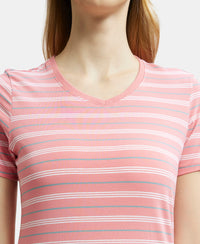 Super Combed Cotton Elastane Stretch Regular Fit Yarn Dyed Striped V Neck Half Sleeve T-Shirt - Peach Blossom-7