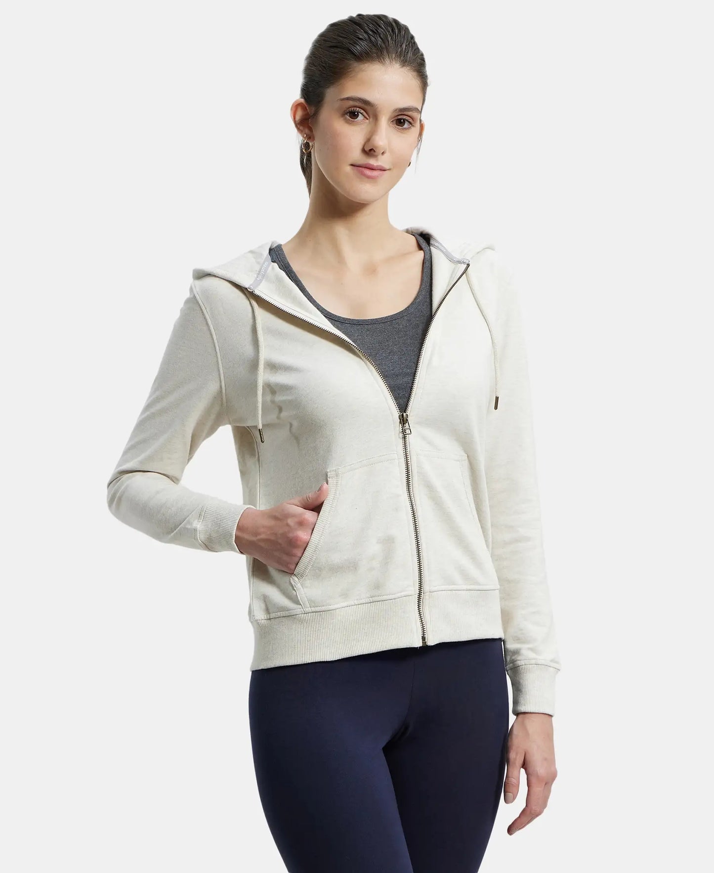 Super Combed Cotton French Terry Fabric Hoodie Jacket with Side Pockets - Cream Melange-2