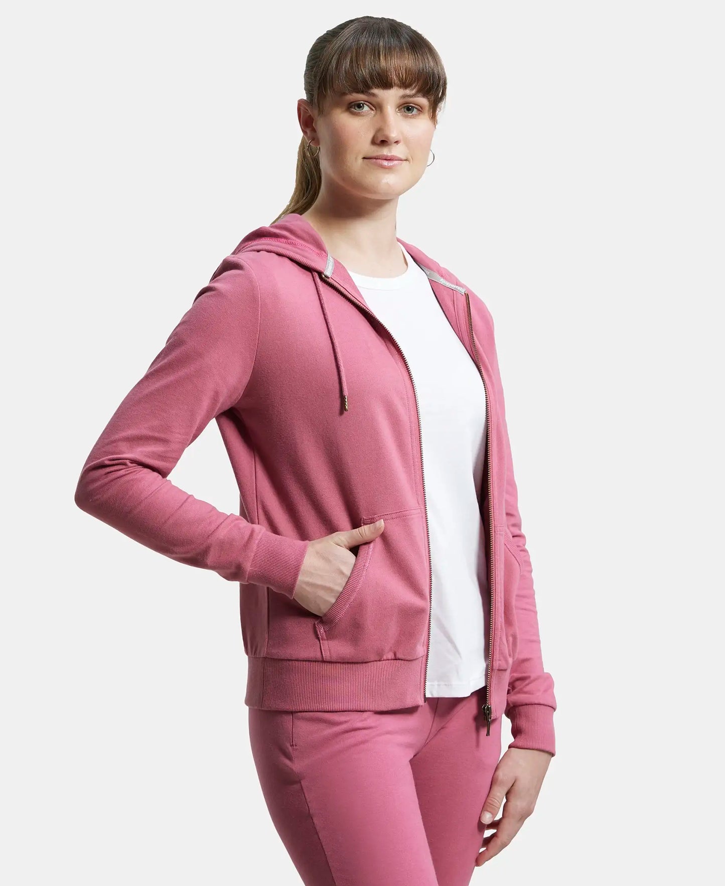 Super Combed Cotton French Terry Fabric Hoodie Jacket with Side Pockets - Rose Wine-2