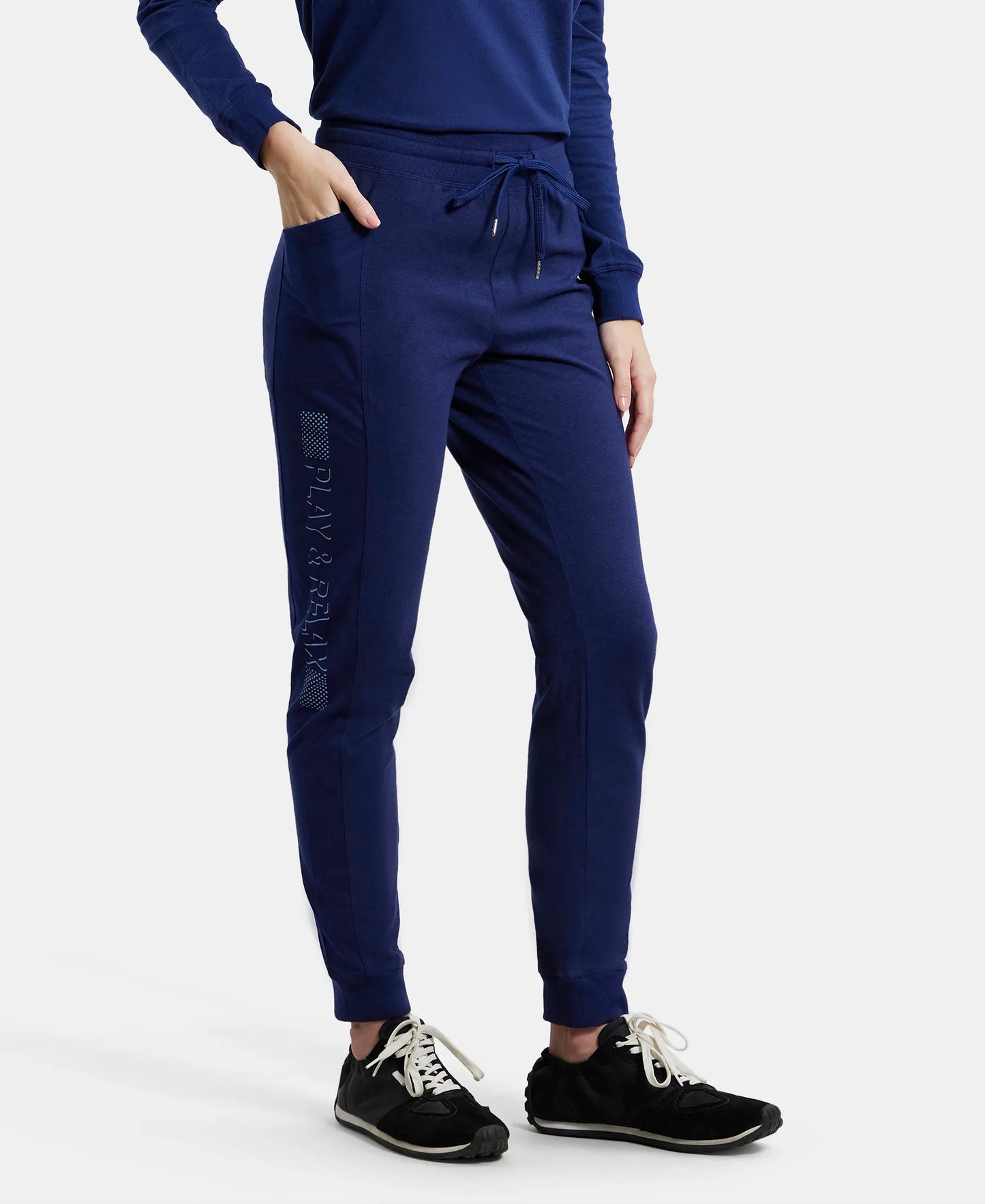 Super Combed Cotton Elastane Slim Fit Joggers With Side Pockets - Imperial Blue Melange-2
